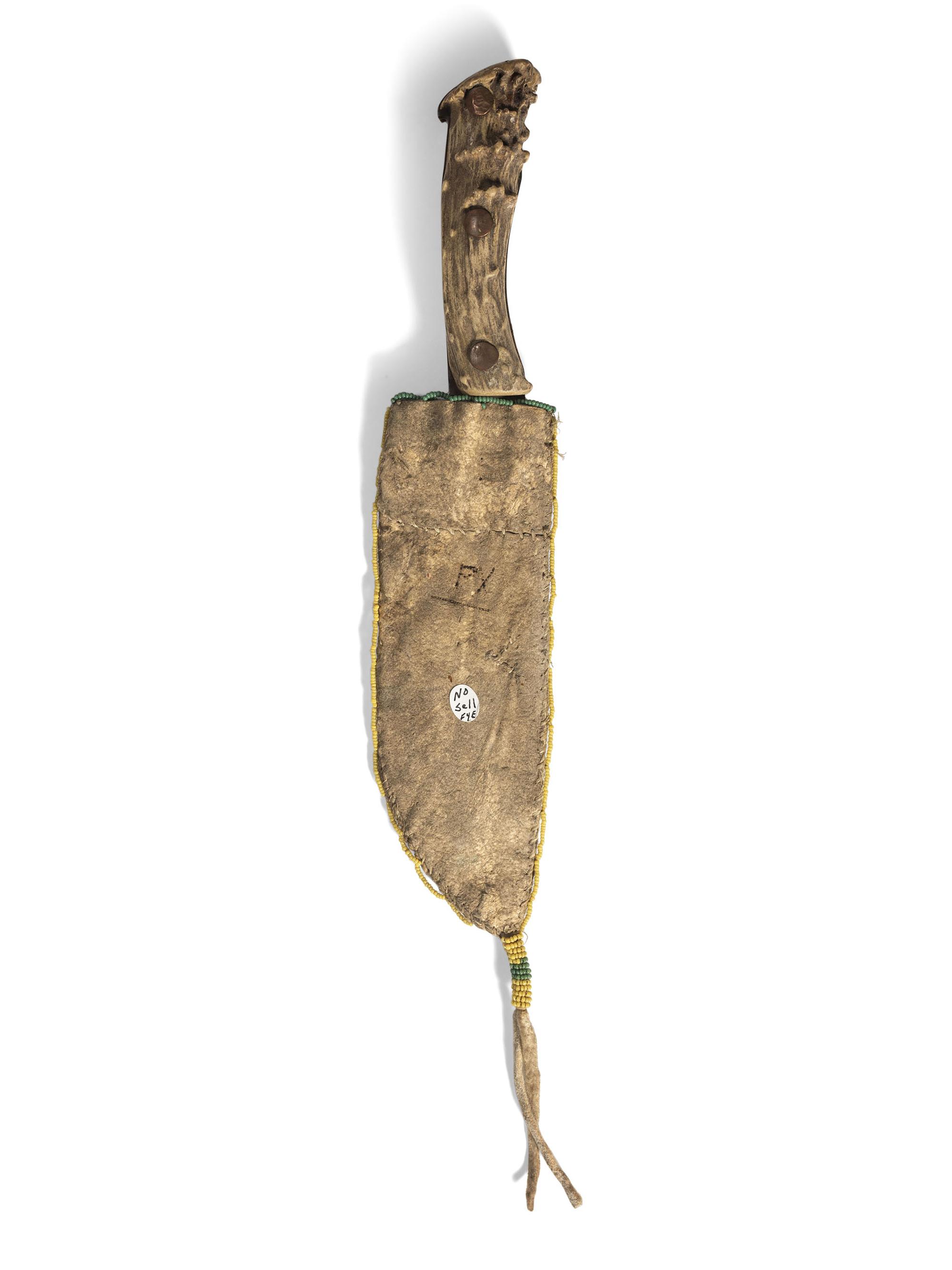 Sioux Beaded Buffalo Hide Knife Sheath and Antler Handle Knife