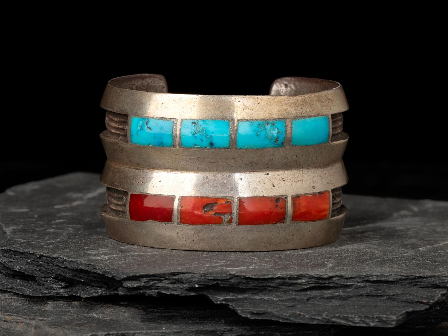 Turquoise and Coral Channel Inlaid Tufa Cast Silver Cuff Bracelet
