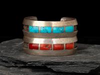 Turquoise and Coral Channel Inlaid Tufa Cast Silver Cuff Bracelet