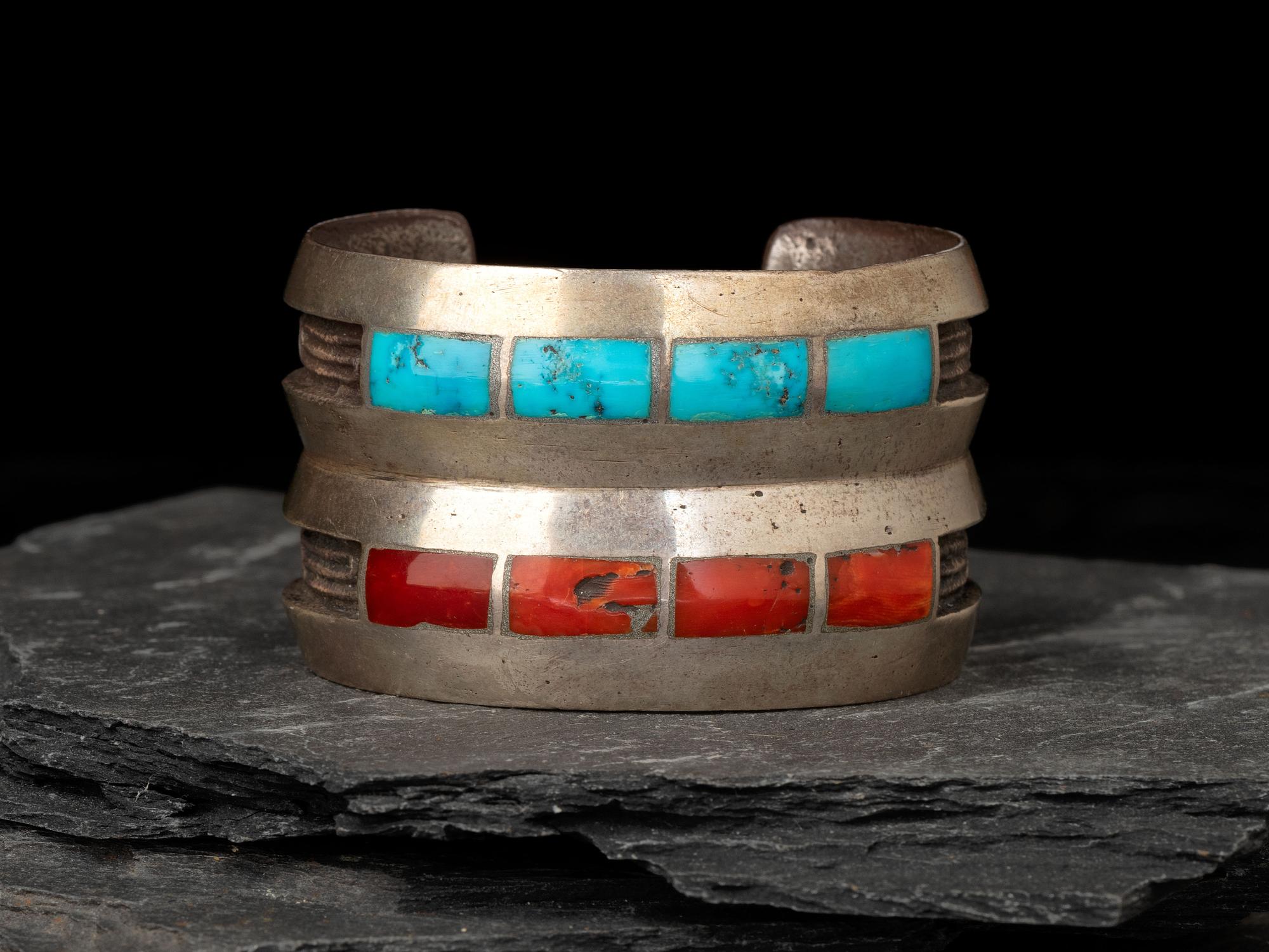 Turquoise and Coral Channel Inlaid Tufa Cast Silver Cuff Bracelet