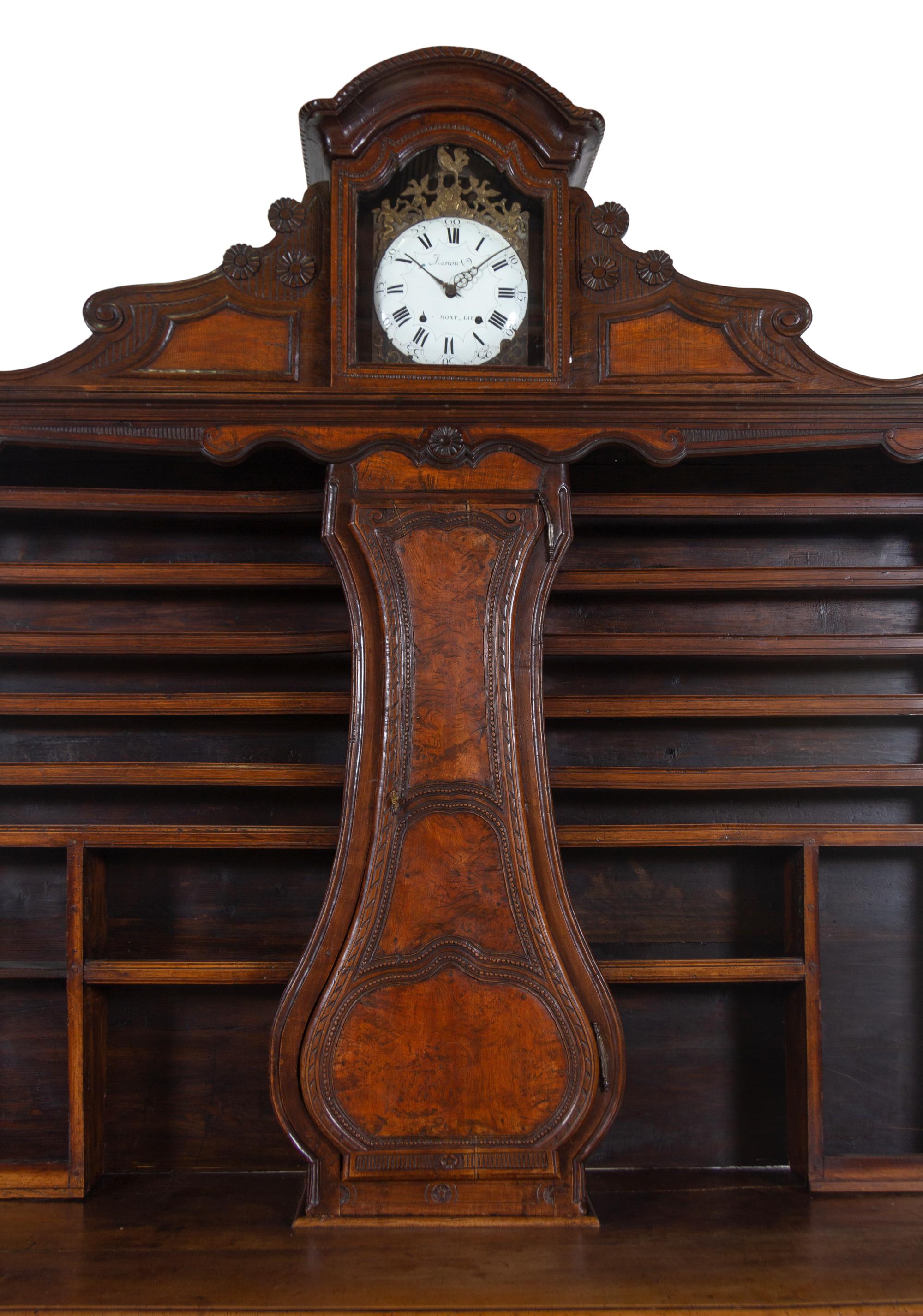 A French Provincial Burlwood Clock-Inset Serving Cabinet