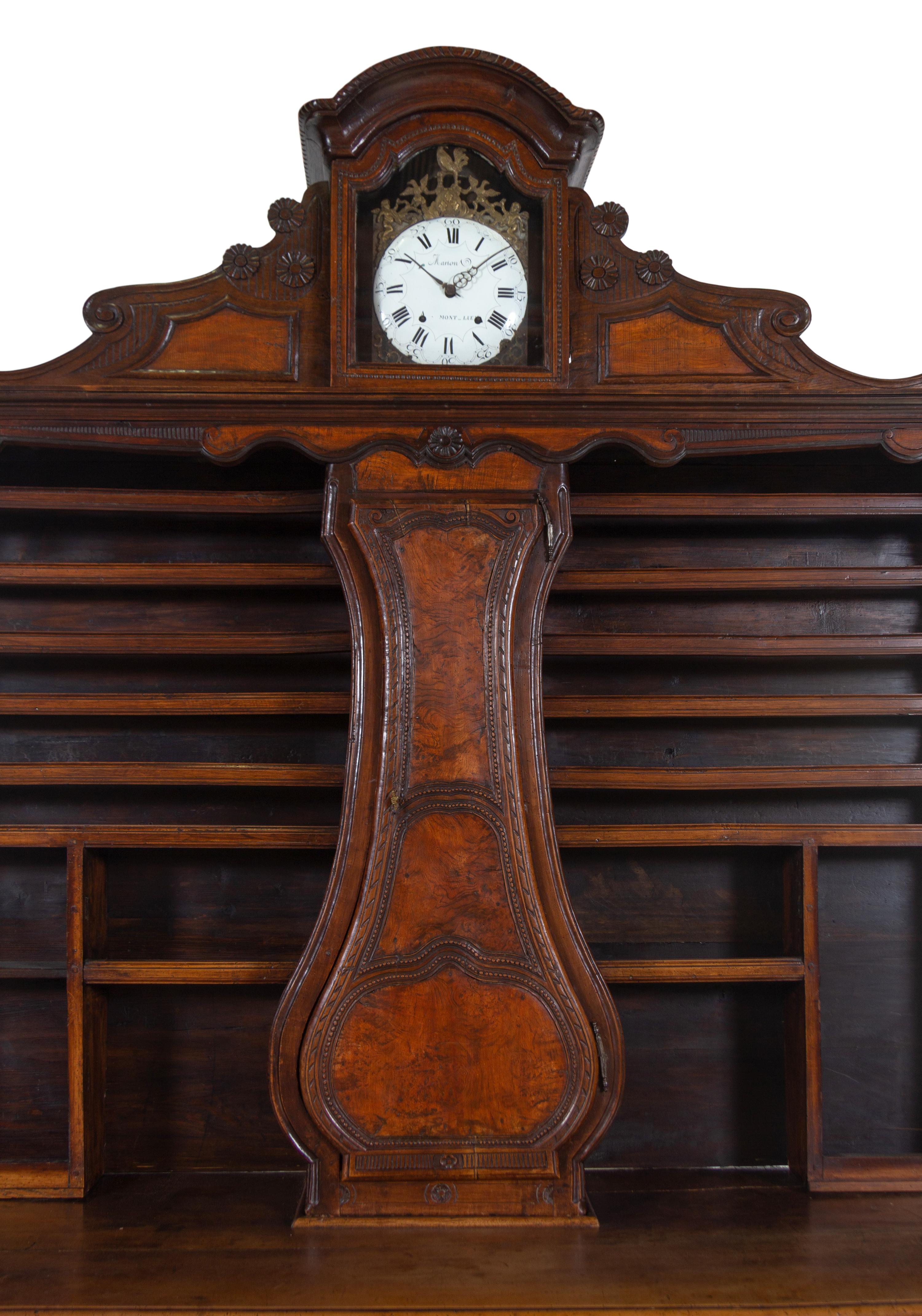 A French Provincial Burlwood Clock-Inset Serving Cabinet