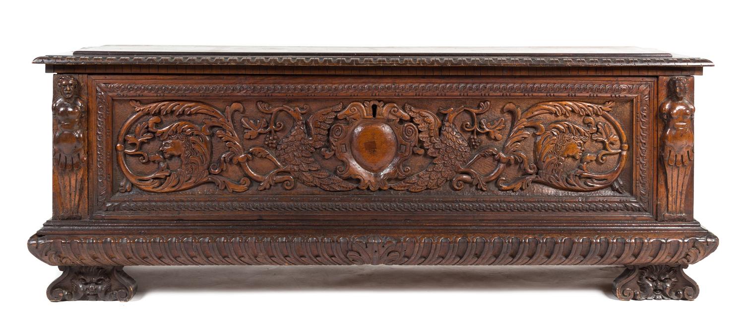 A Renaissance Revival Walnut Cassone Height 24 x width 65 1/2 x depth 20 inches. — LATE 19TH/EARLY 20TH CENTURY WITH EARLIER ELEMENTS