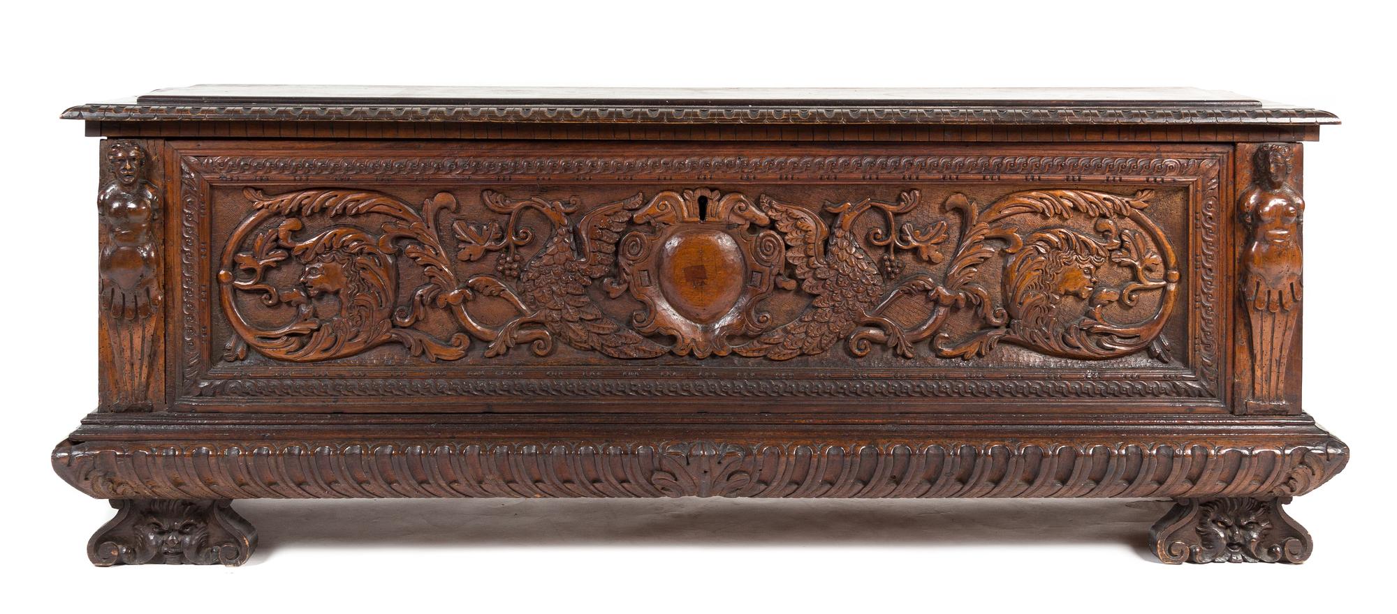 A Renaissance Revival Walnut Cassone Height 24 x width 65 1/2 x depth 20 inches. — LATE 19TH/EARLY 20TH CENTURY WITH EARLIER ELEMENTS