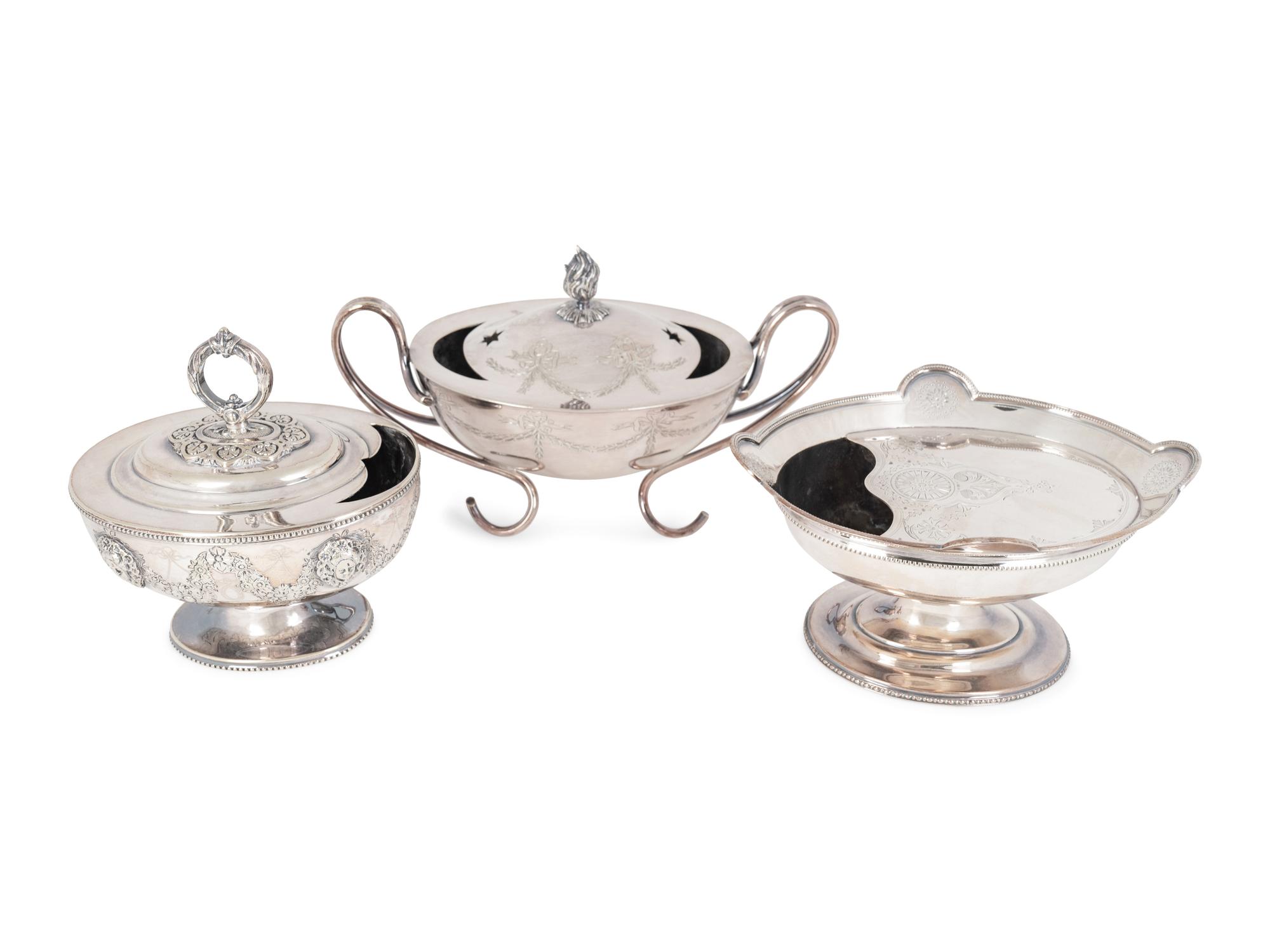 Three English Silver Plate Sauceboat-Form Spoon Warmers — 19TH CENTURY
