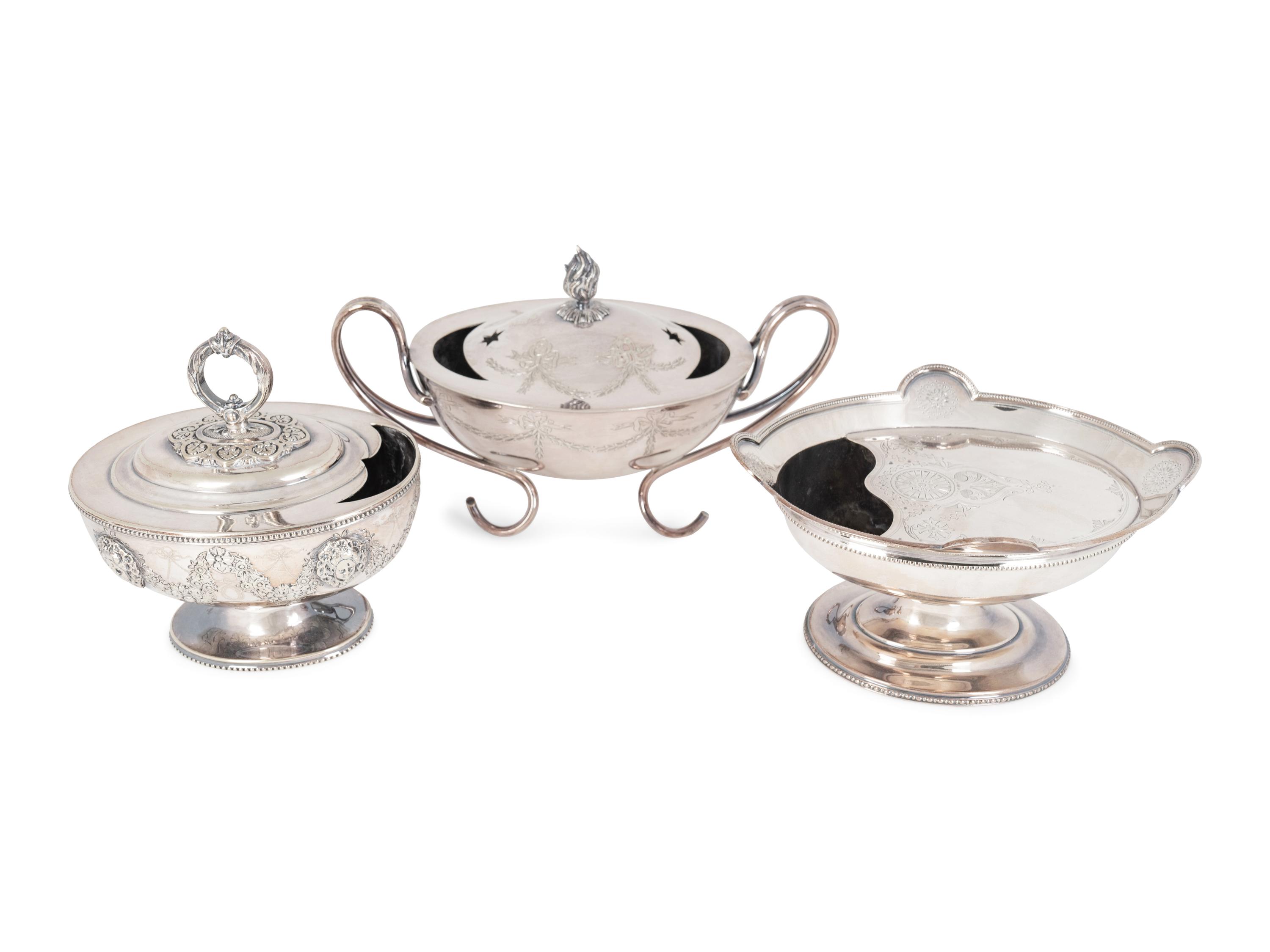 Three English Silver Plate Sauceboat-Form Spoon Warmers — 19TH CENTURY