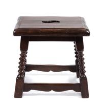 A Jacobean Style Walnut Stool Height 17 x width 17 1/2 x depth 14 inches.