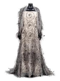 Bill Blass White and Black Ostrich Feather Evening Dress with Wrap, 1990-2000s
