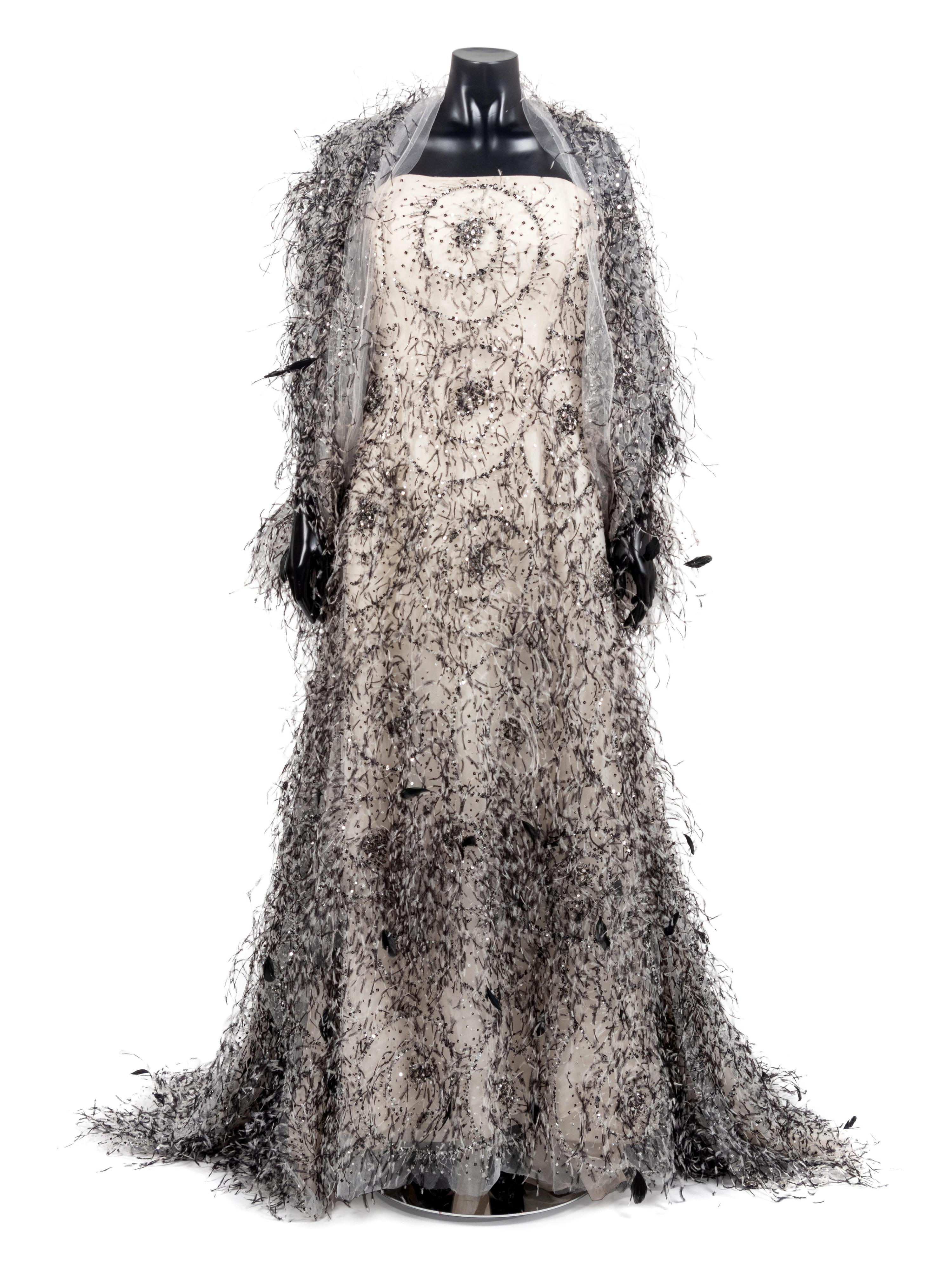 Bill Blass White and Black Ostrich Feather Evening Dress with Wrap, 1990-2000s