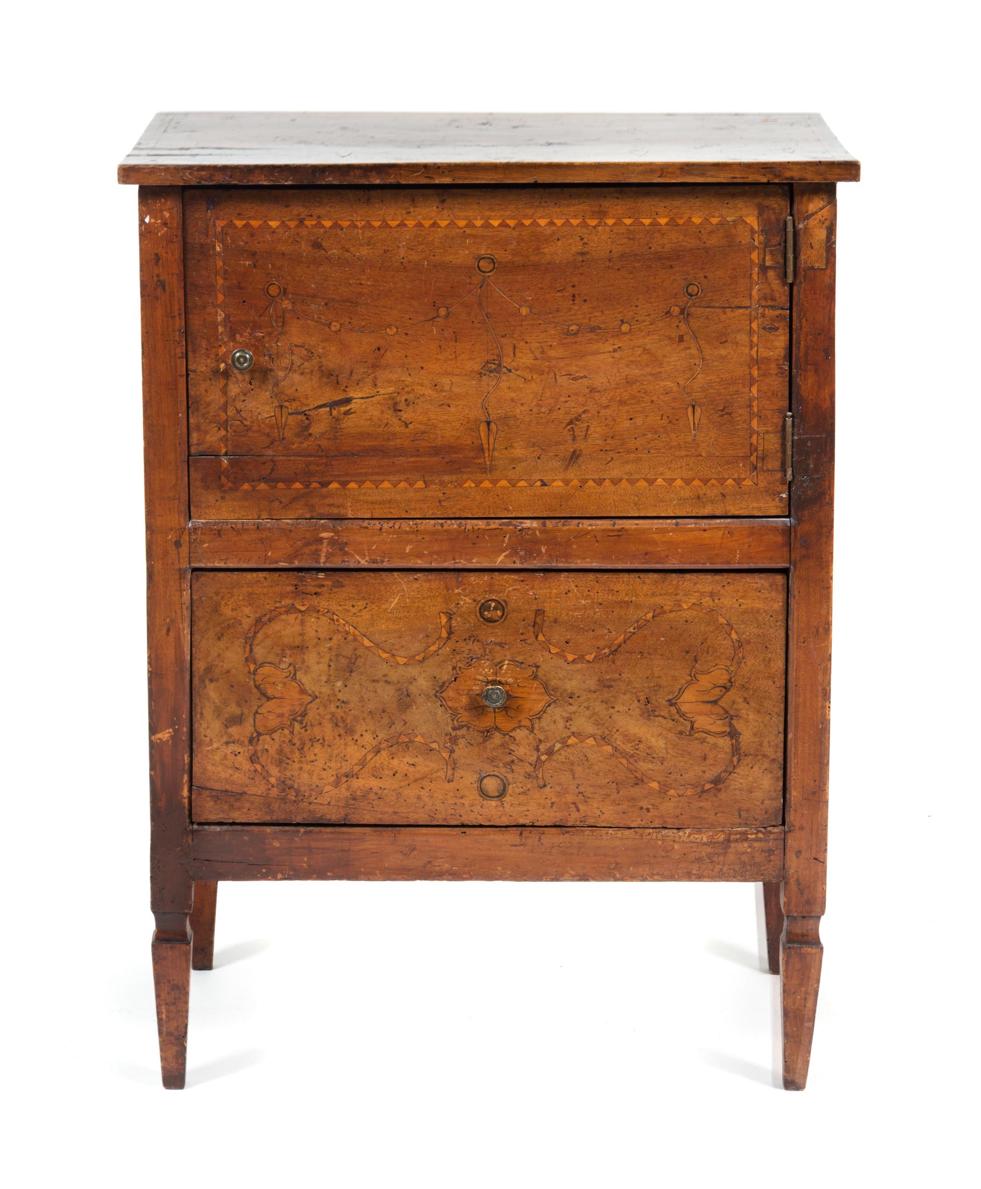 An Italian Marquetry Diminutive Commode Height 32 1/2 x width 24 x depth 13 7/8 inches.