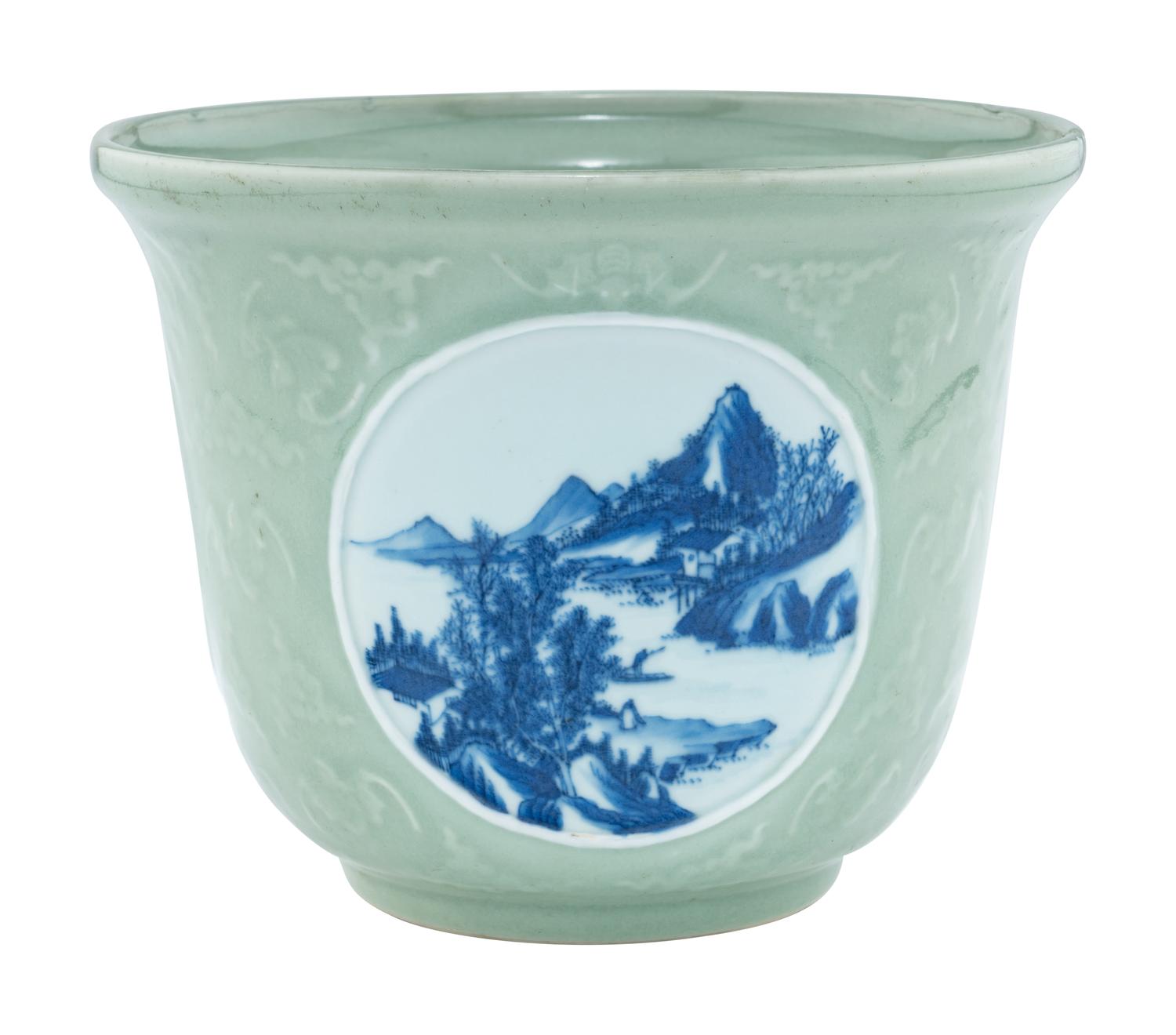 A Chinese Celadon Ground Underglaze Blue Cachepot