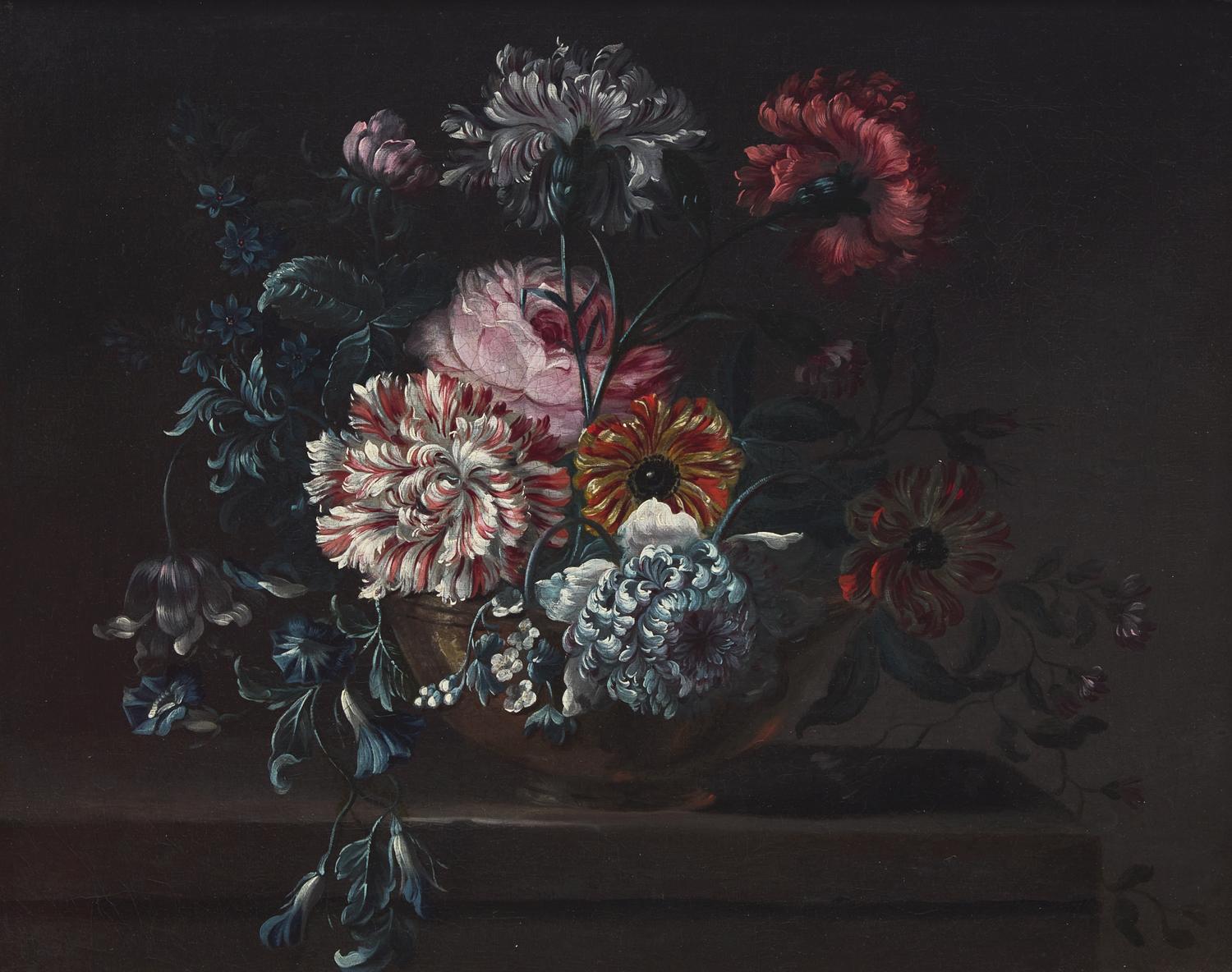 Still Life of Variegated Carnations and Other Flowers on a Ledge