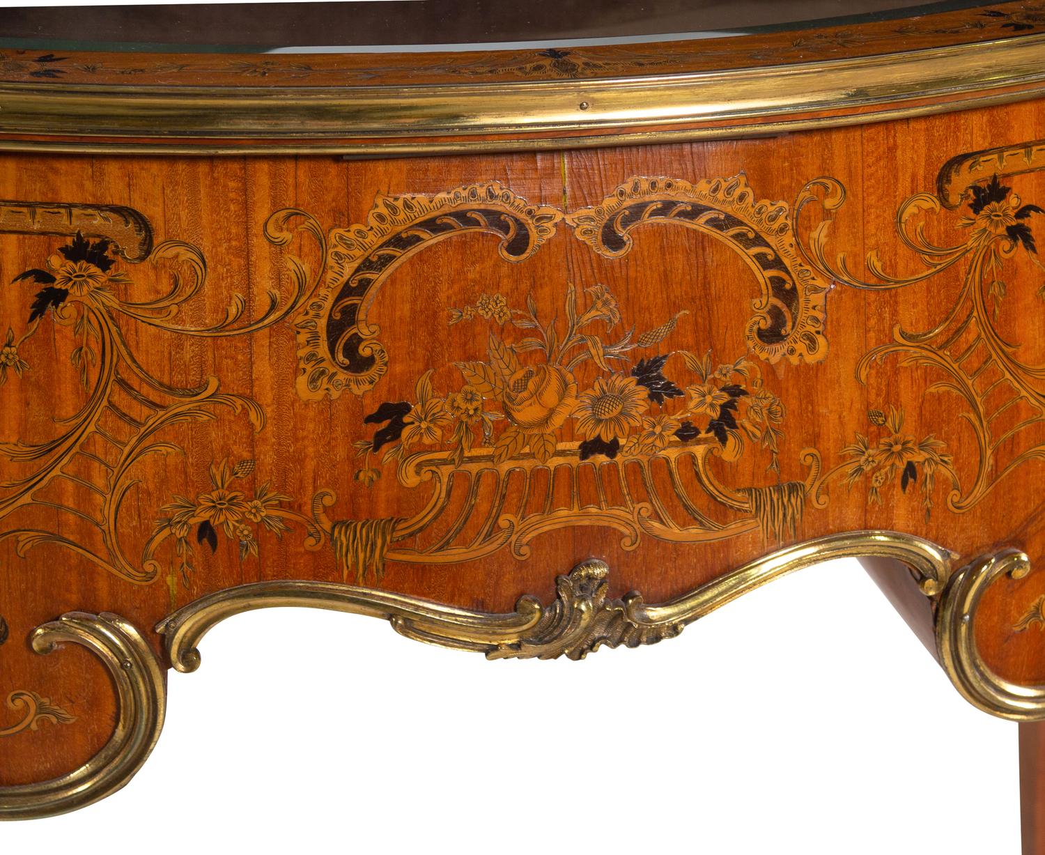 A Louis XV Style Gilt Bronze Mounted Penwork and Marquetry Vitrine Commode