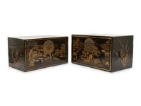Two Chinese Black and Gilt Lacquer Boxes with Brass Mounts