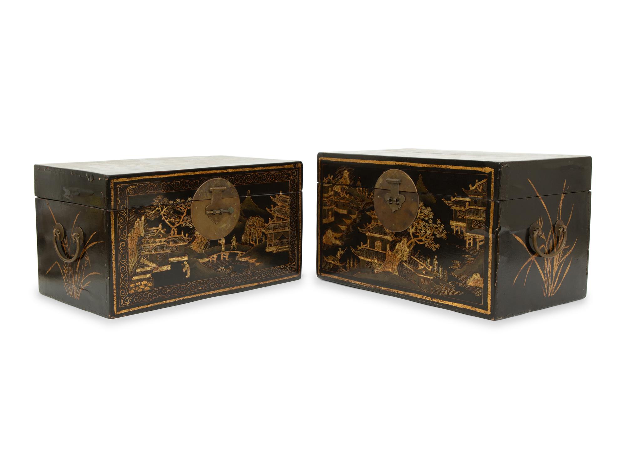 Two Chinese Black and Gilt Lacquer Boxes with Brass Mounts