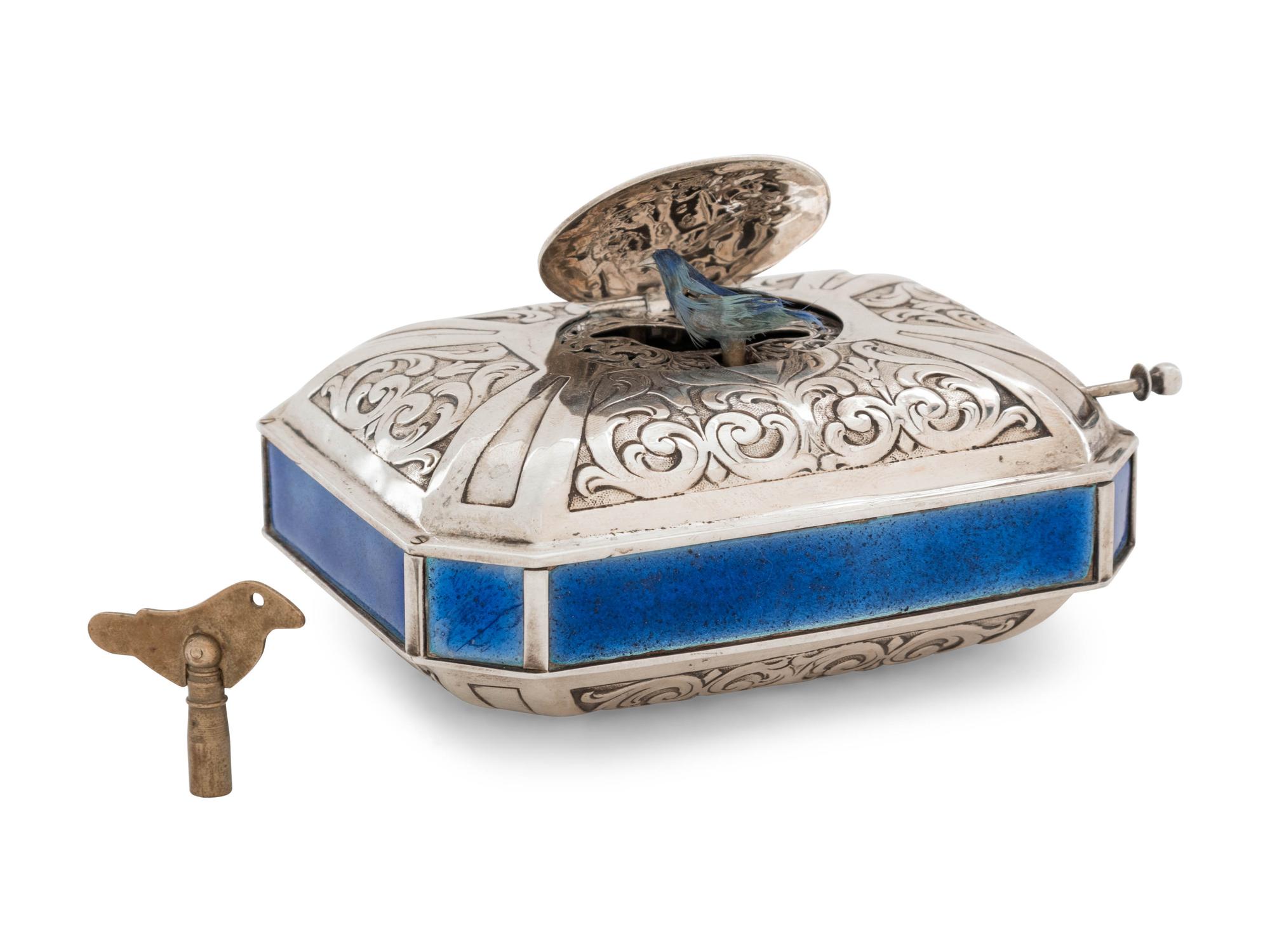 A German Silver and Enamel Singing Bird Automaton Box