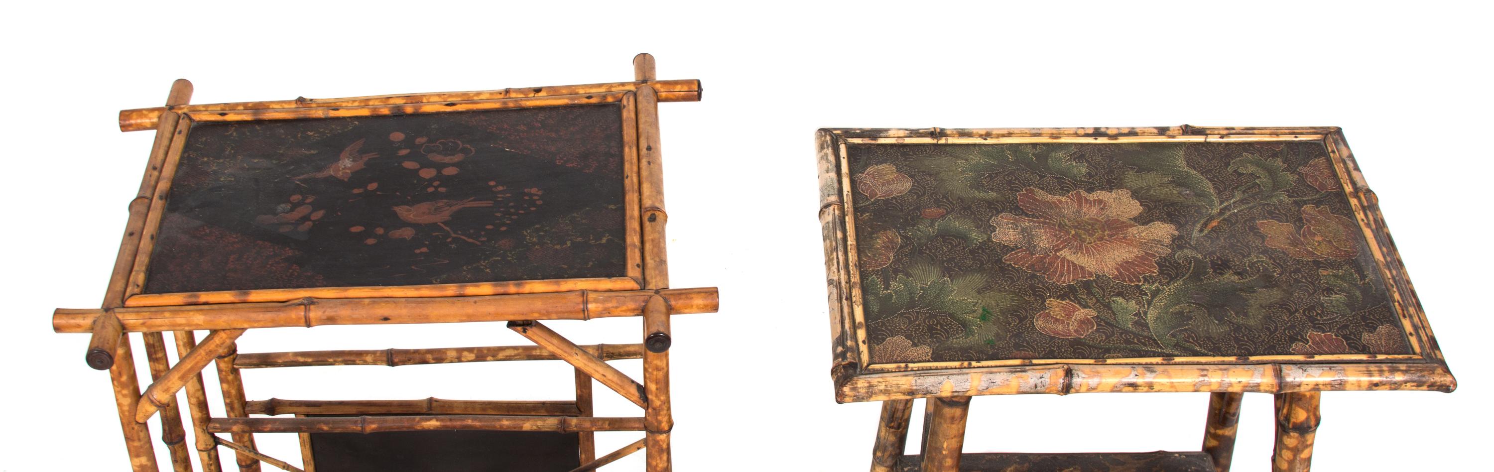 Two Victorian Style Burnt Bamboo and Lacquer Side Tables — 20TH CENTURY