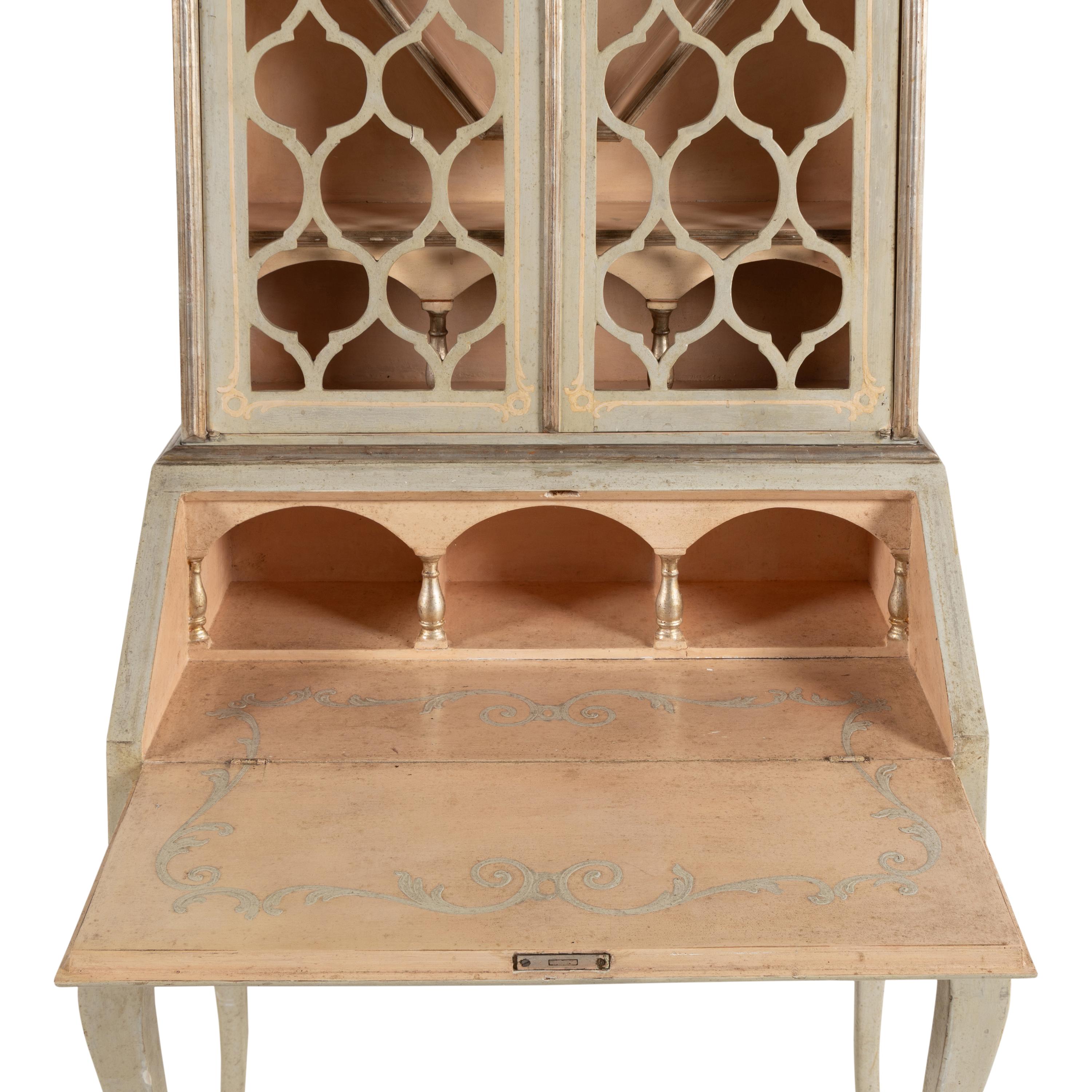 A Venetian Style Faux Marble Painted and Parcel Gilt Bureau Bookcase
