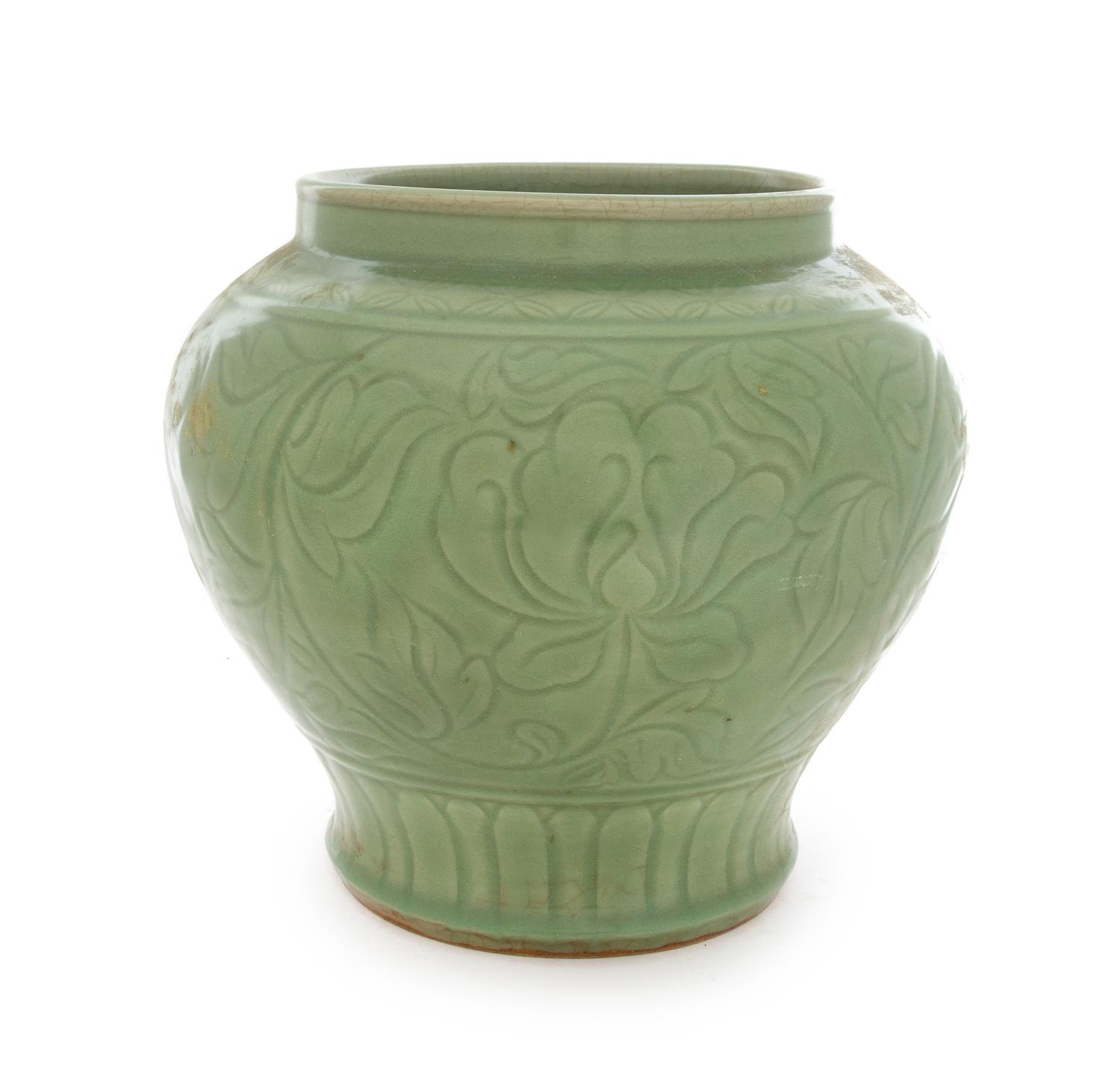 A Large Longquan Celadon Glazed Porcelain Jar Height 11 3/4 inches. — POSSIBLY MING DYNASTY (1348-1644)