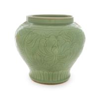 A Large Longquan Celadon Glazed Porcelain Jar Height 11 3/4 inches. — POSSIBLY MING DYNASTY (1348-1644)