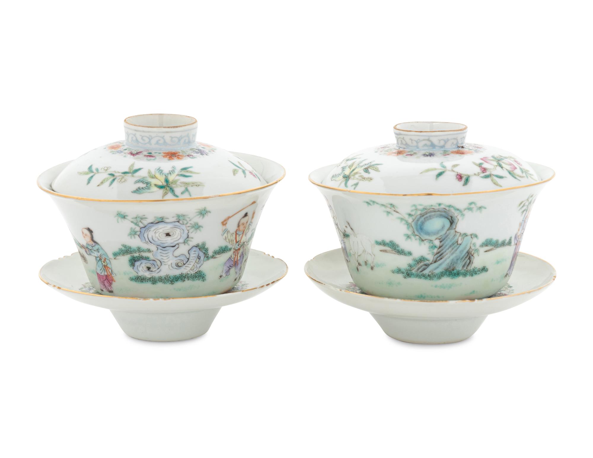 A Pair of Famille Rose Porcelain 'Boys' Covered Bowls and Stands