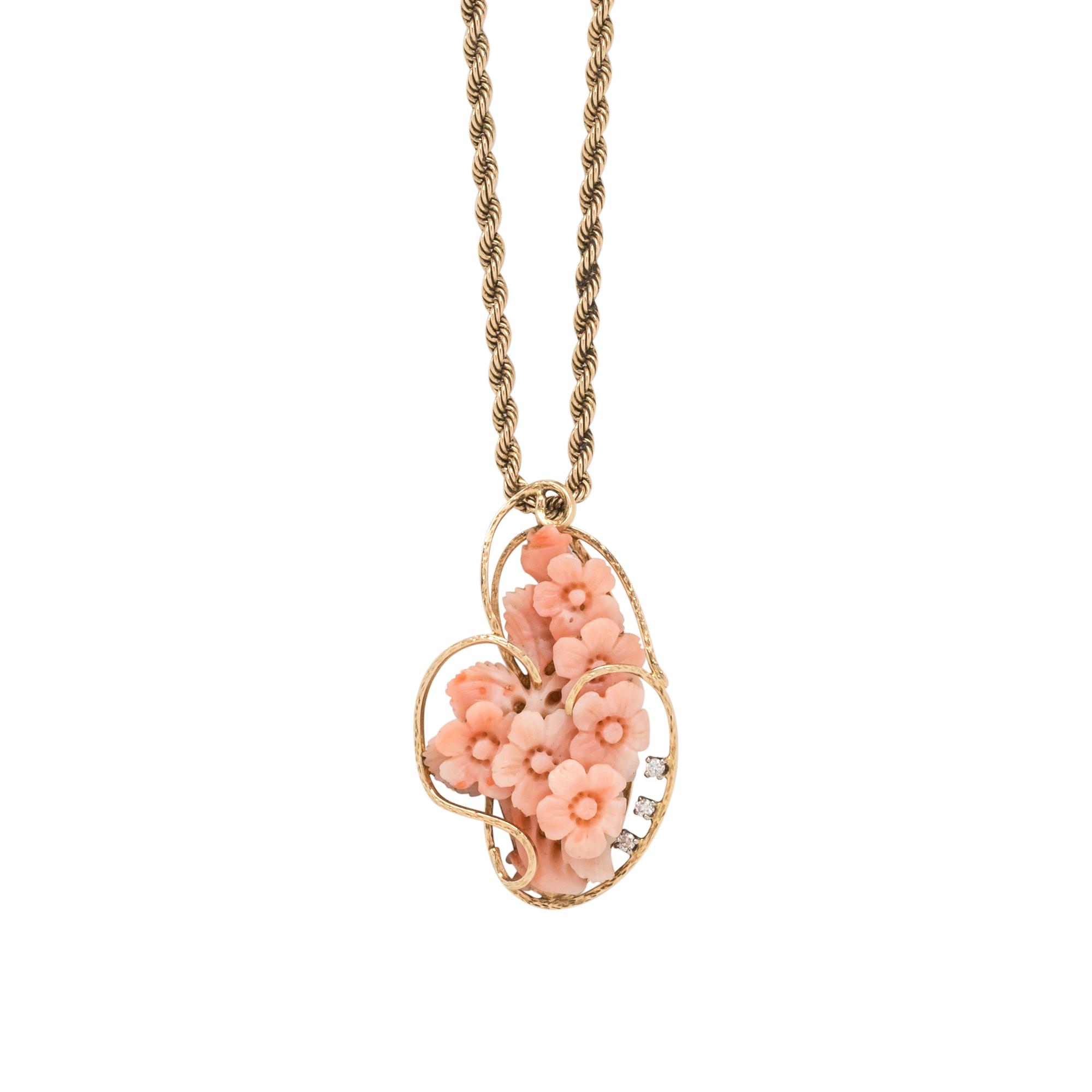 YELLOW GOLD, CORAL AND DIAMOND PENDANT/NECKLACE