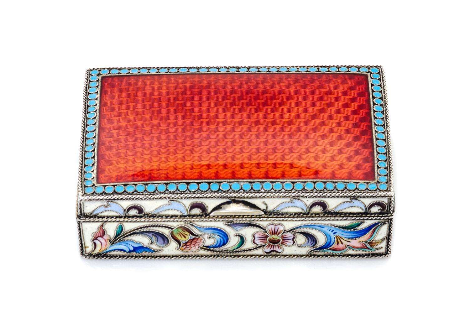 A Russian Guilloche and Cloisonne Enamel Box, Maker's mark AE, Moscow, early 20th century, the lid with translucent red enameling above