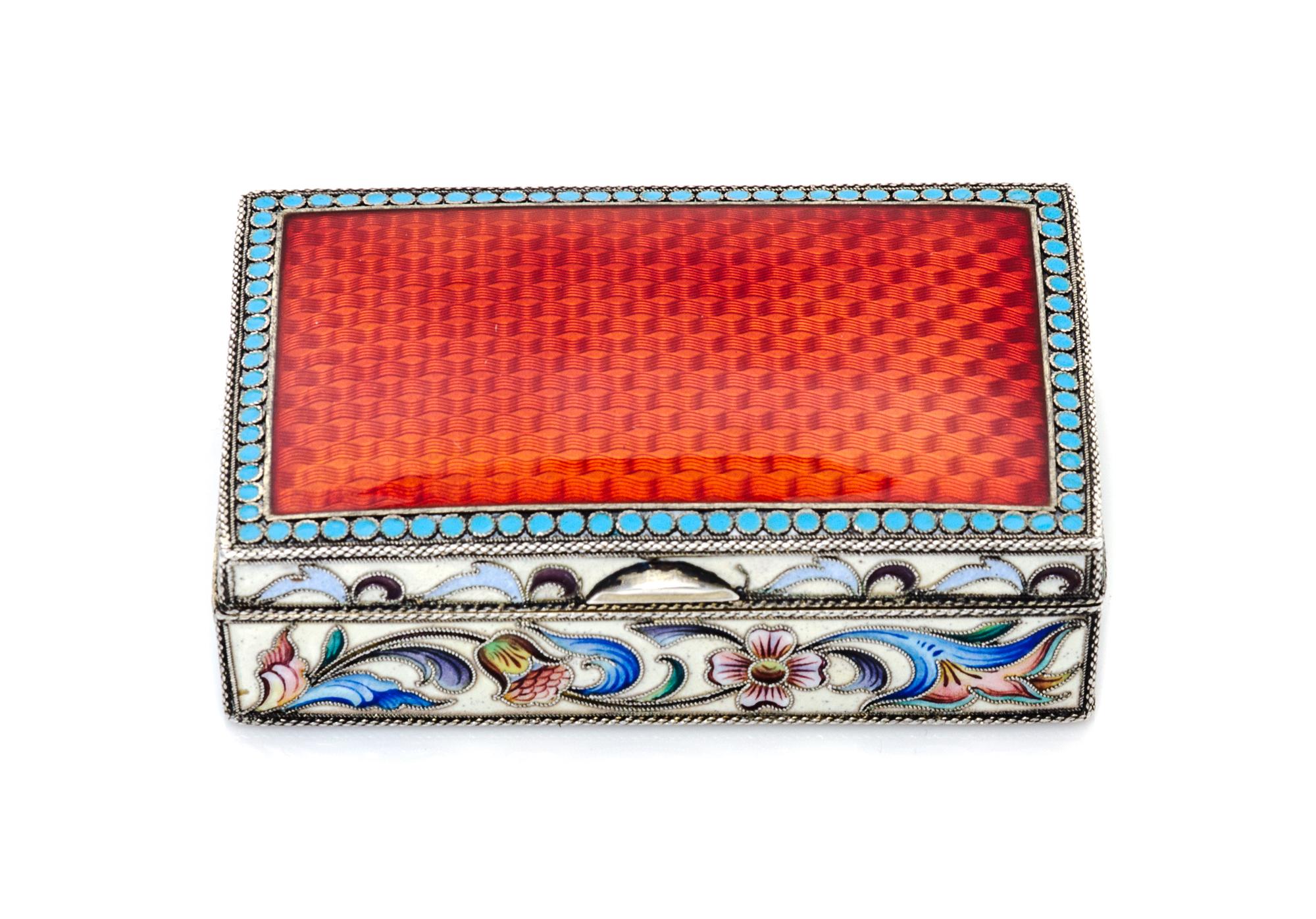 A Russian Guilloche and Cloisonne Enamel Box, Maker's mark AE, Moscow, early 20th century, the lid with translucent red enameling above