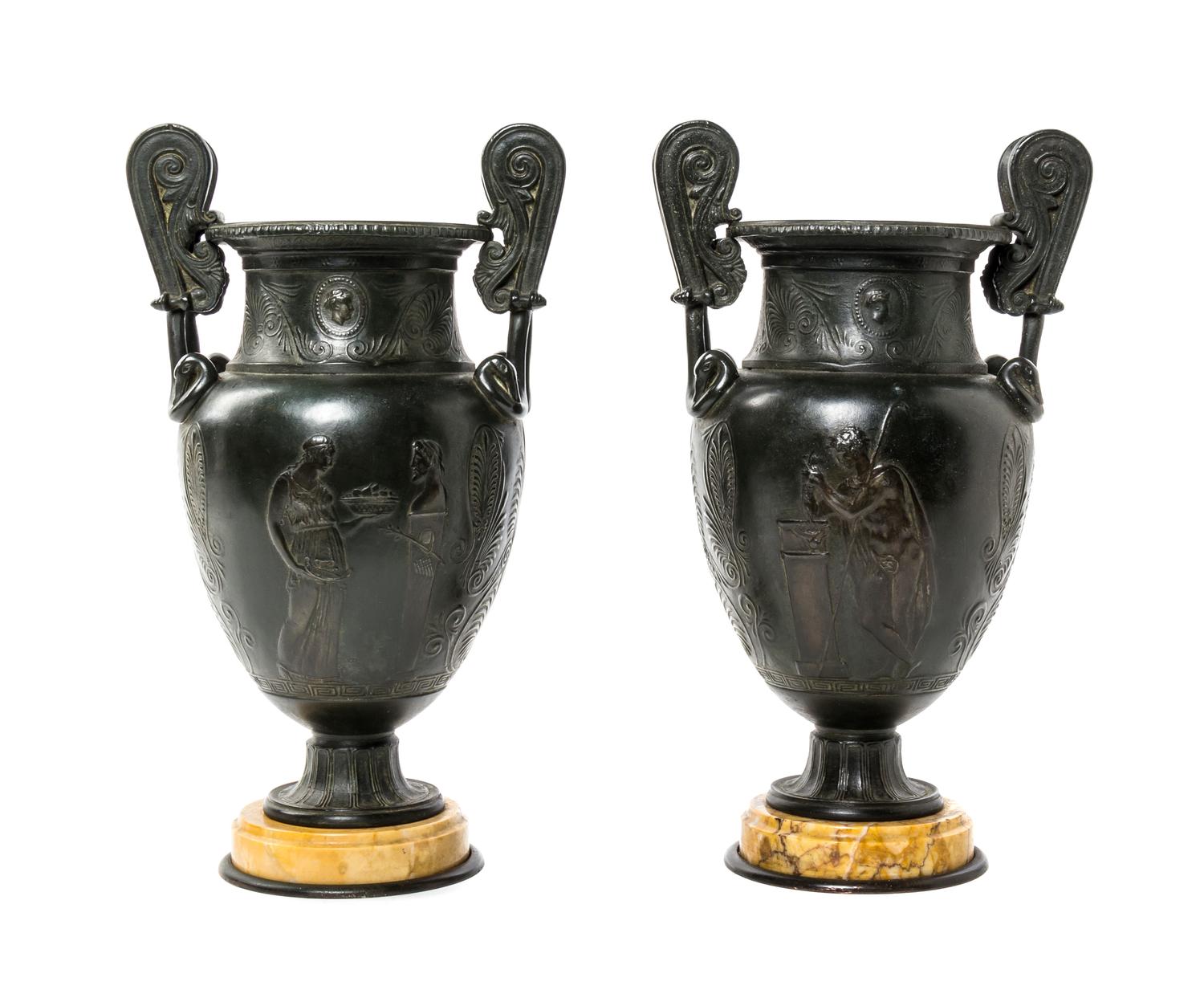 A Pair of Continental Grand Tour Patinated Bronze and Sienna Marble Urns, Height 11 3/8 inches.