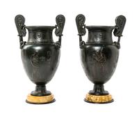 A Pair of Continental Grand Tour Patinated Bronze and Sienna Marble Urns, Height 11 3/8 inches.