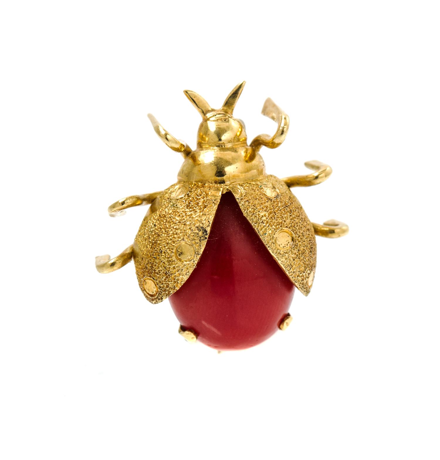 An 18 Karat Yellow Gold and Coral Bug Brooch, Italy, 2.40 dwts.