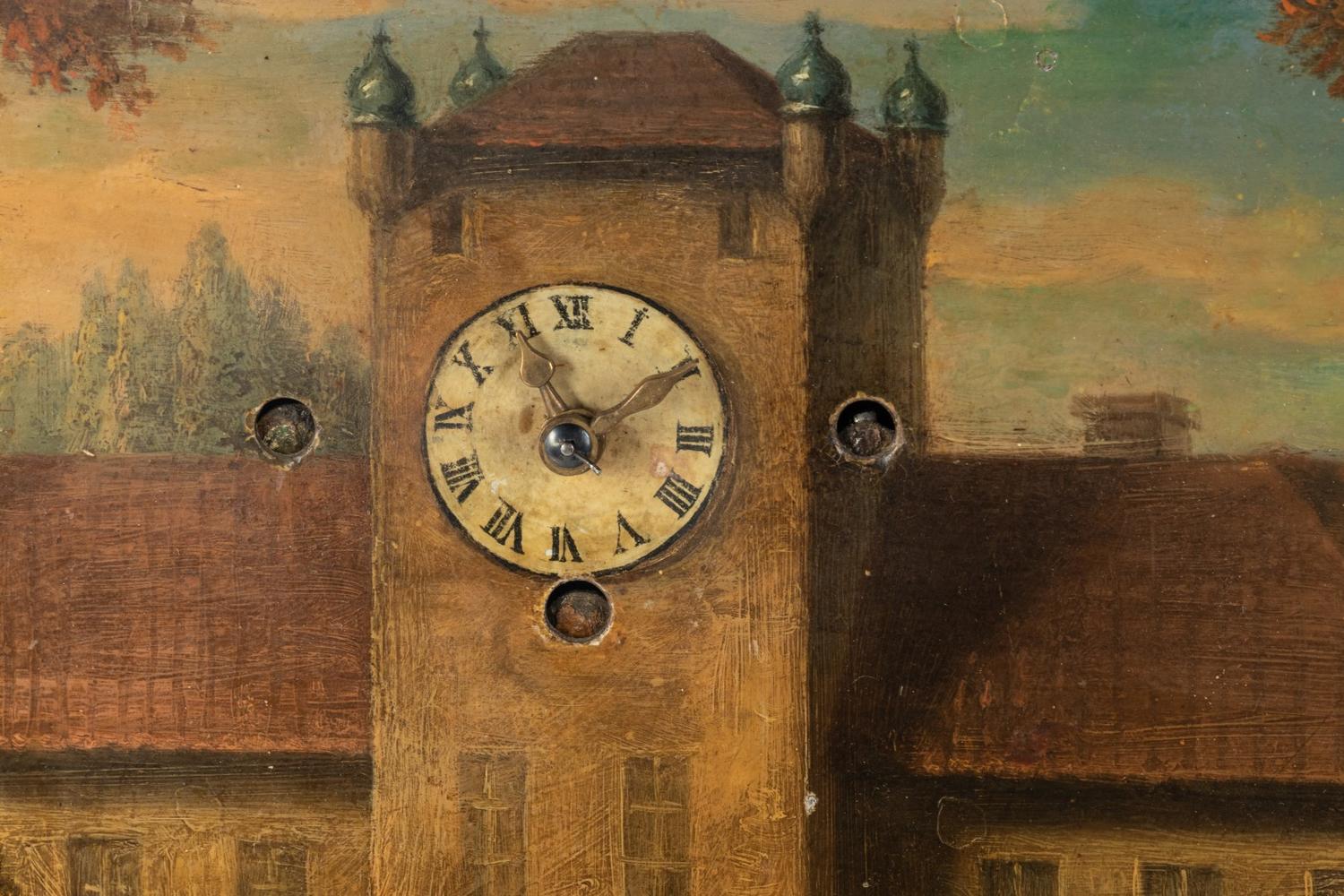 A Continental Oil on Copper Painting with an Inset Clock