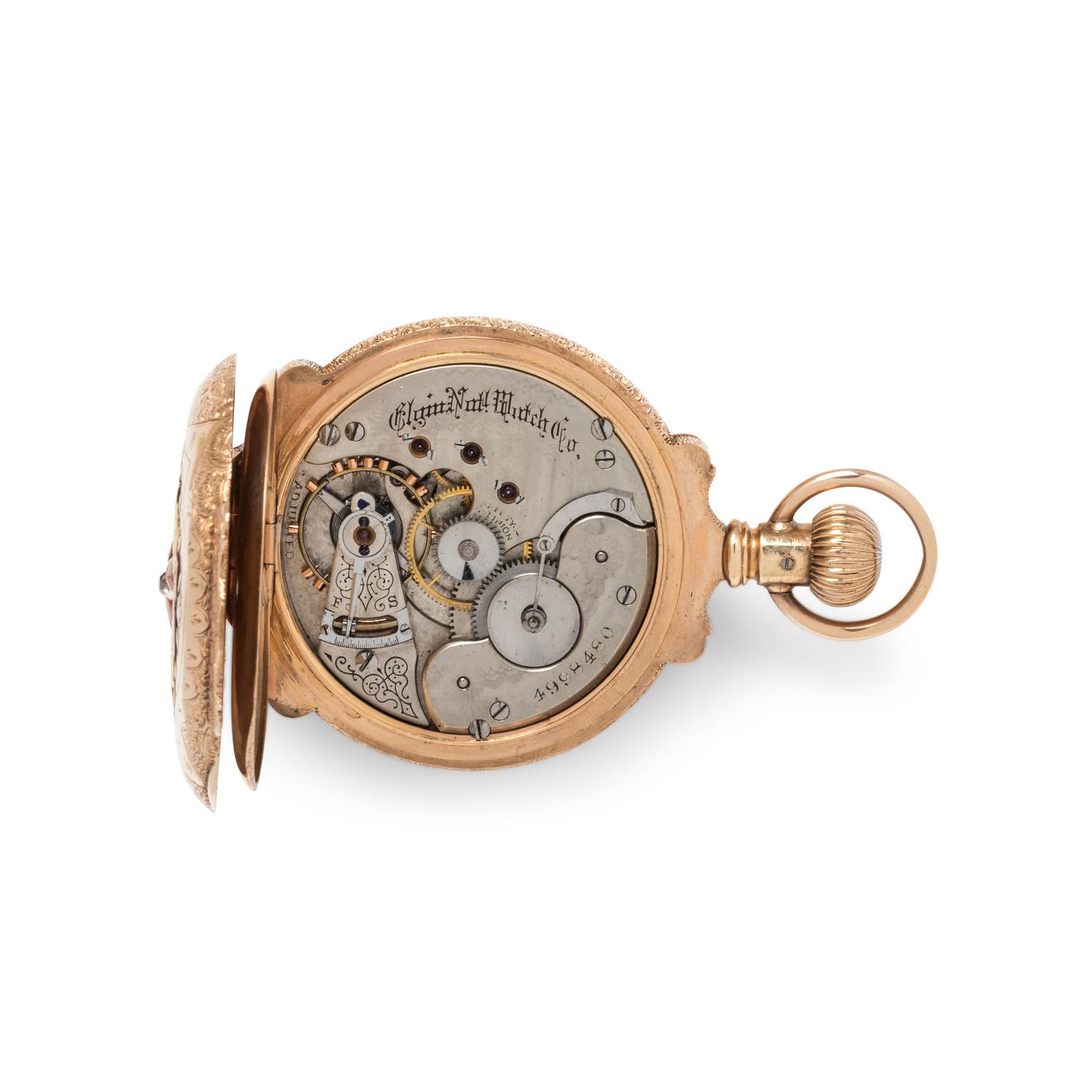 ELGIN, 14K TRICOLOR GOLD AND DIAMOND HUNTER CASE POCKET WATCH