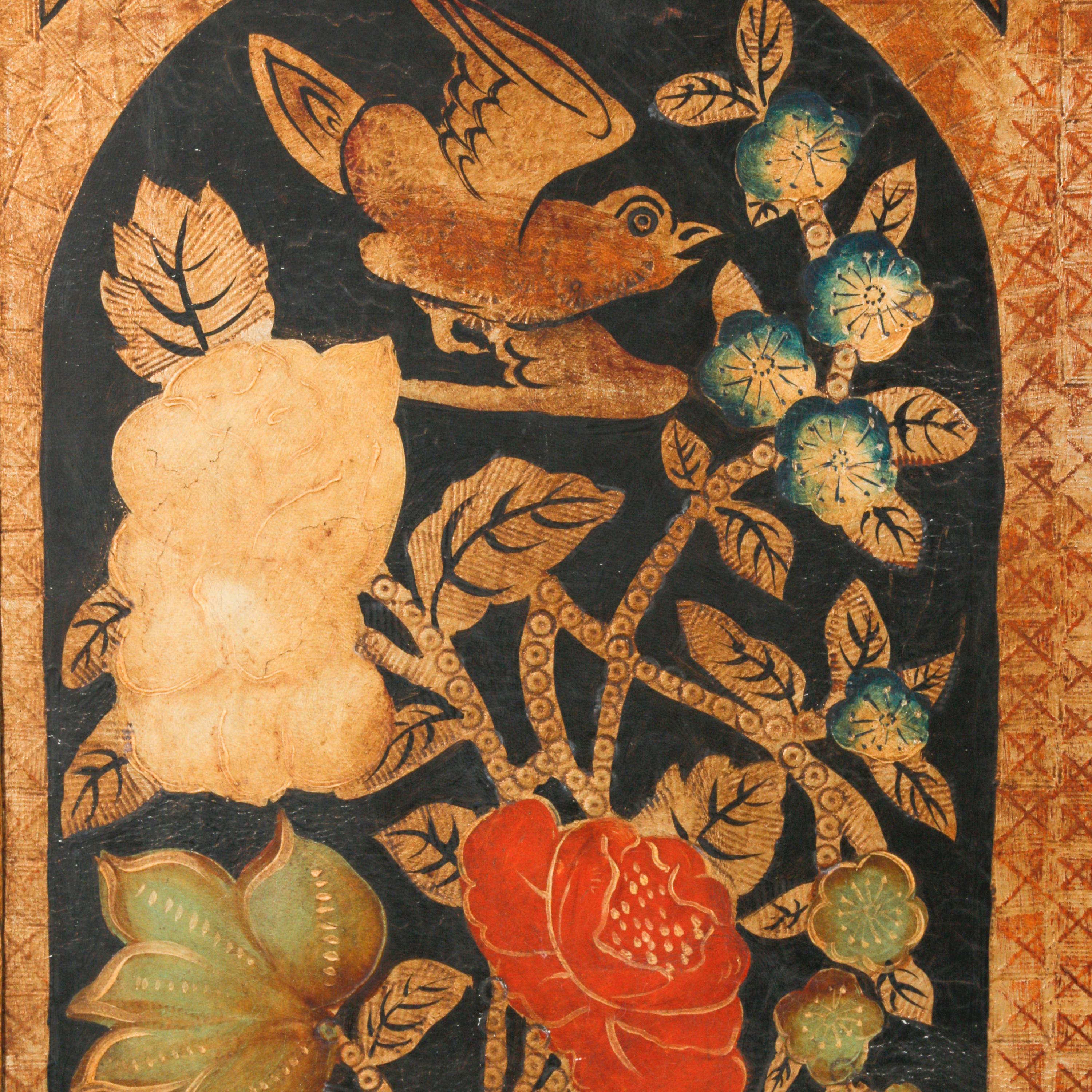 A Pair of Painted Leather Four-Panel Screens