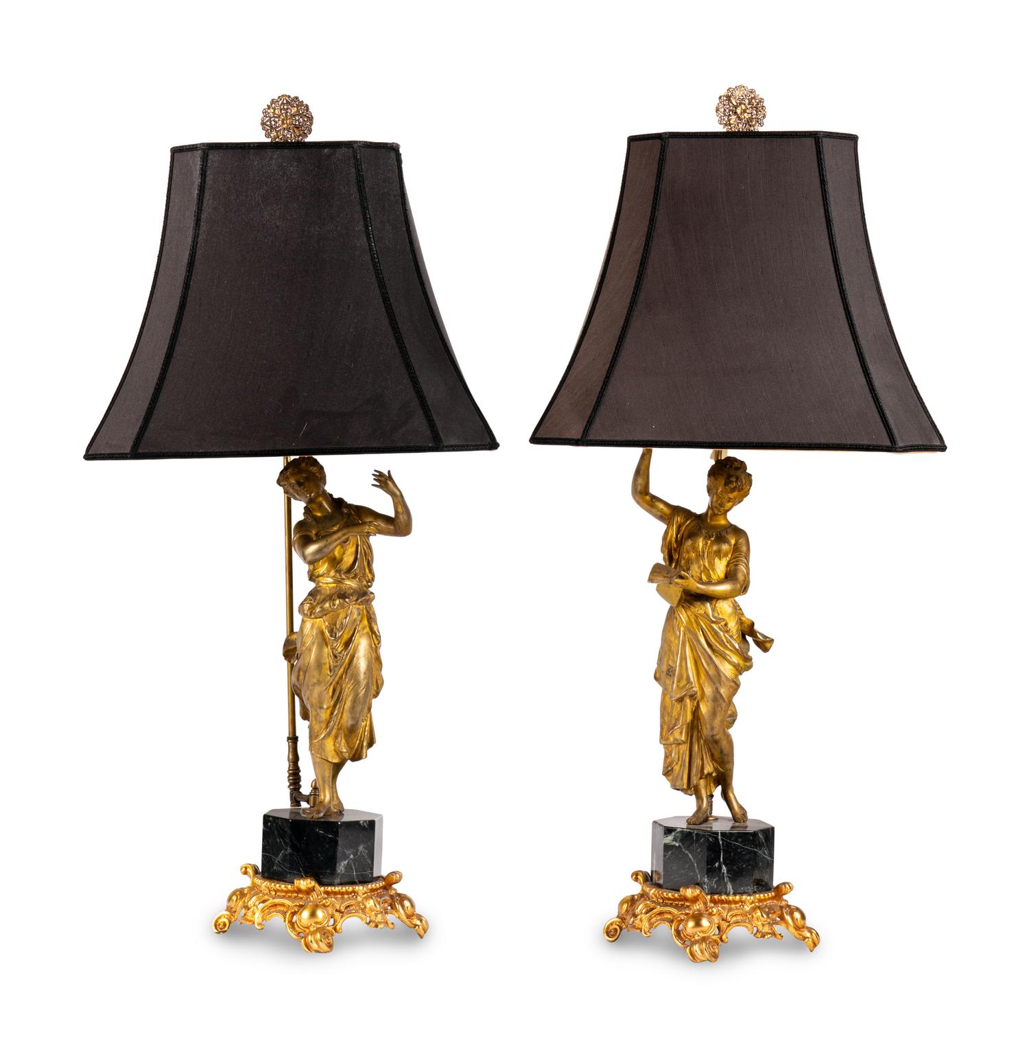 A Pair of Continental Gilt Bronze Figures Mounted as Lamps