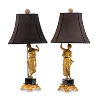 A Pair of Continental Gilt Bronze Figures Mounted as Lamps