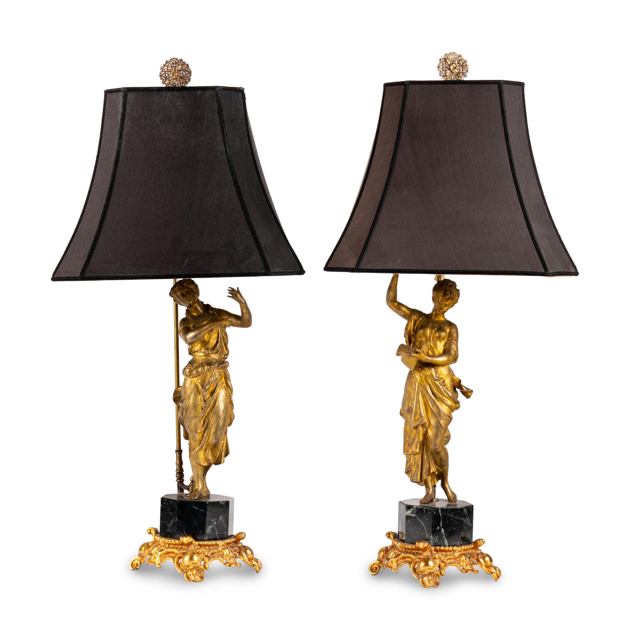 A Pair of Continental Gilt Bronze Figures Mounted as Lamps