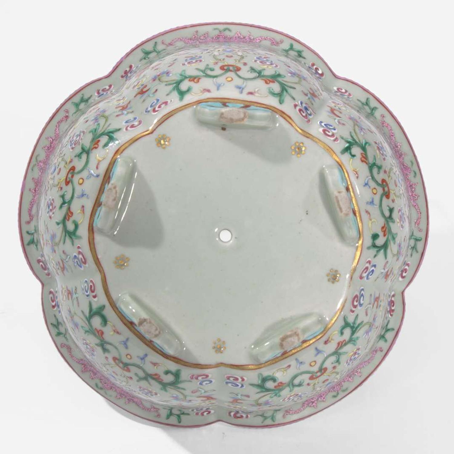 A Chinese famille rose-decorated pale celadon-ground five-lobed jardinière 粉彩青釉花盆 Possibly Jiaqing/Daoguang period ?????????