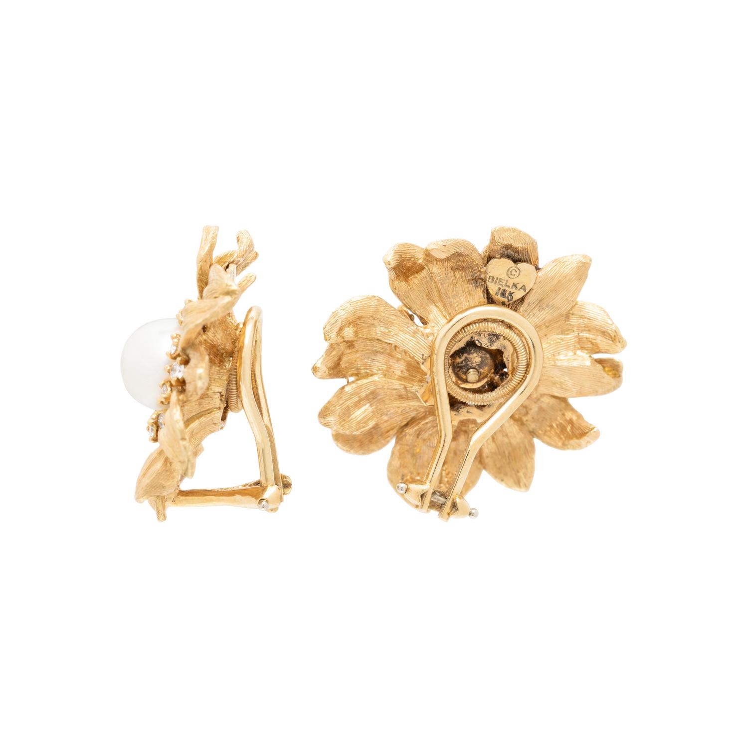 BIELKA, YELLOW GOLD, CULTURED PEARL AND DIAMOND SUNFLOWER SET