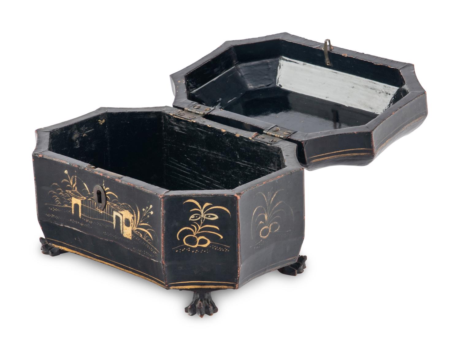 A Chinese Export Black Lacquer and Parcel-Gilt Tea Caddy