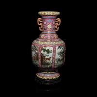 A Chinese Pink Sgraffito Ground Famille Rose Porcelain 'Dogs' Vase, Early-Mid 20th Century — 近現代 胭脂地軋道粉彩纏枝蓮紋開光獵犬圖雙耳瓶 帶木座