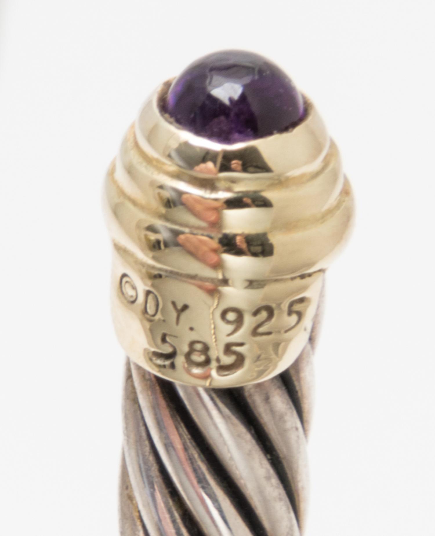 A Sterling Silver, 14 Karat Yellow Gold and Amethyst 'Cable Classics' Bangle Bracelet, David Yurman, 17.40 dwts.