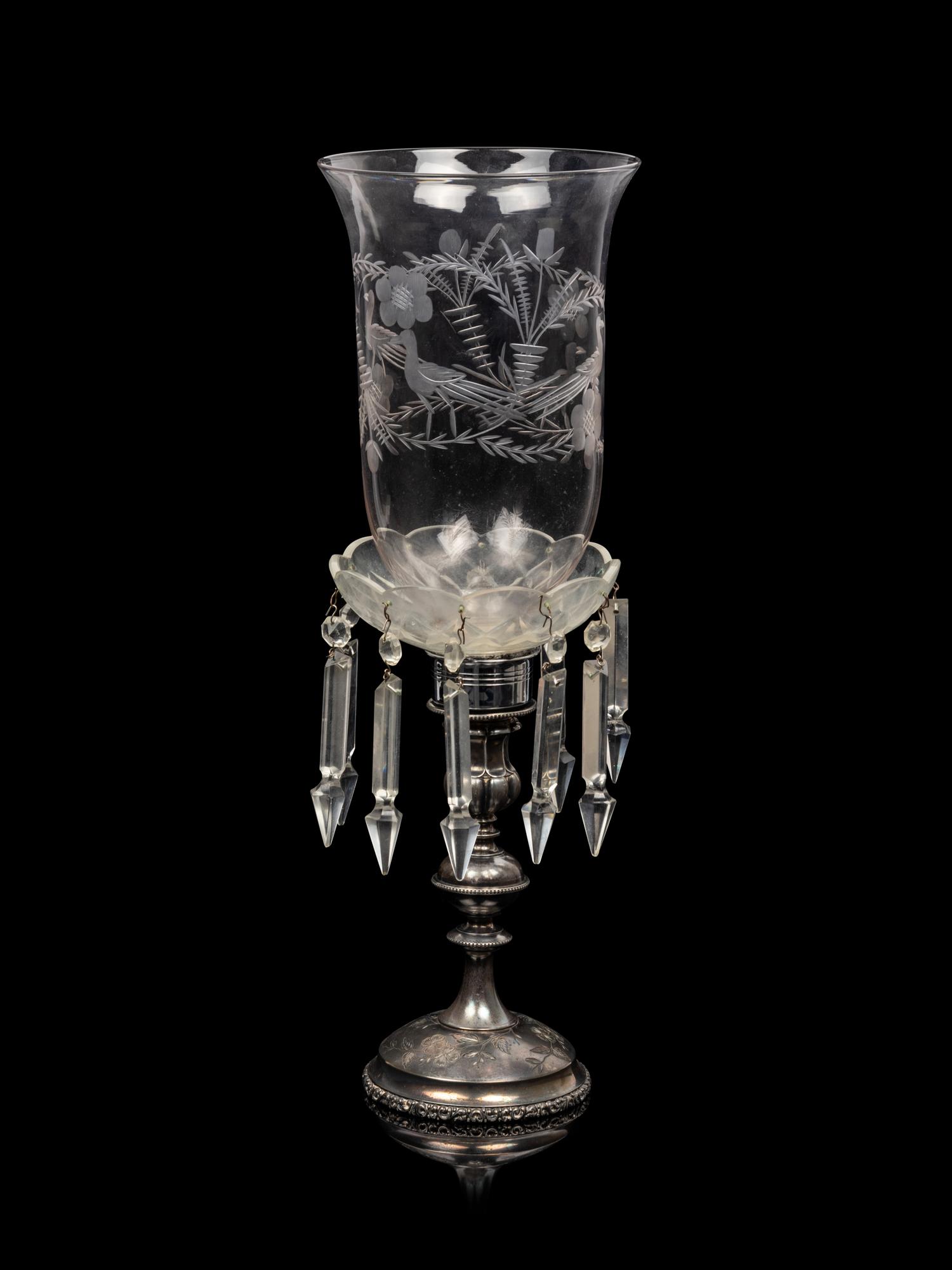 An Irish Cut and Colored Glass Six-Light Candelabrum and an American Silver-Plate Etched and Cut Glass Hurricane Lamp