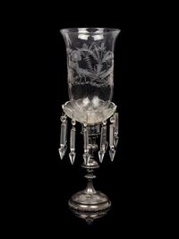 An Irish Cut and Colored Glass Six-Light Candelabrum and an American Silver-Plate Etched and Cut Glass Hurricane Lamp
