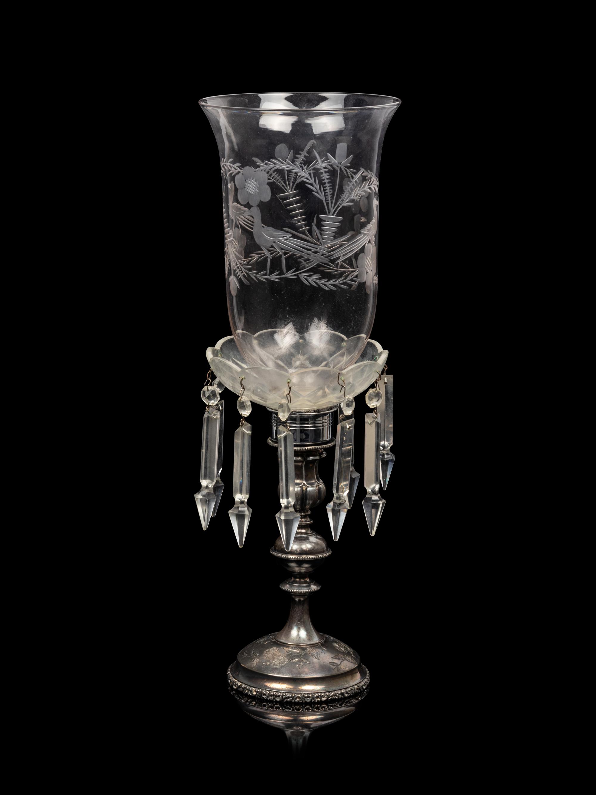 An Irish Cut and Colored Glass Six-Light Candelabrum and an American Silver-Plate Etched and Cut Glass Hurricane Lamp
