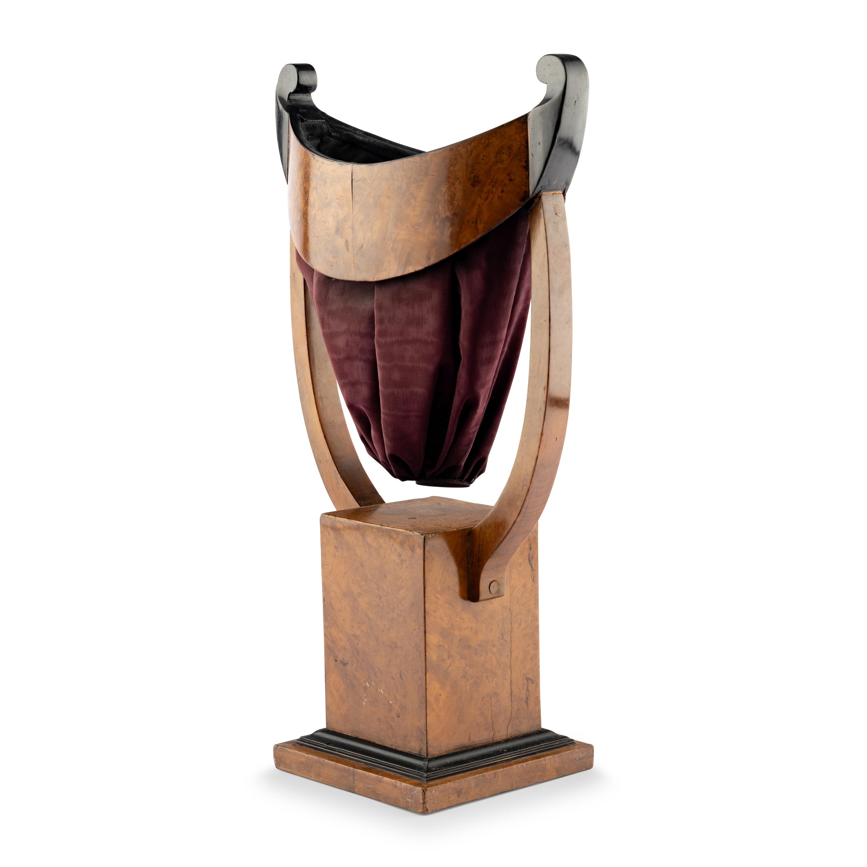 A Biedermeier Burl Walnut and Part-Ebonized Urn-Form Sewing Basket