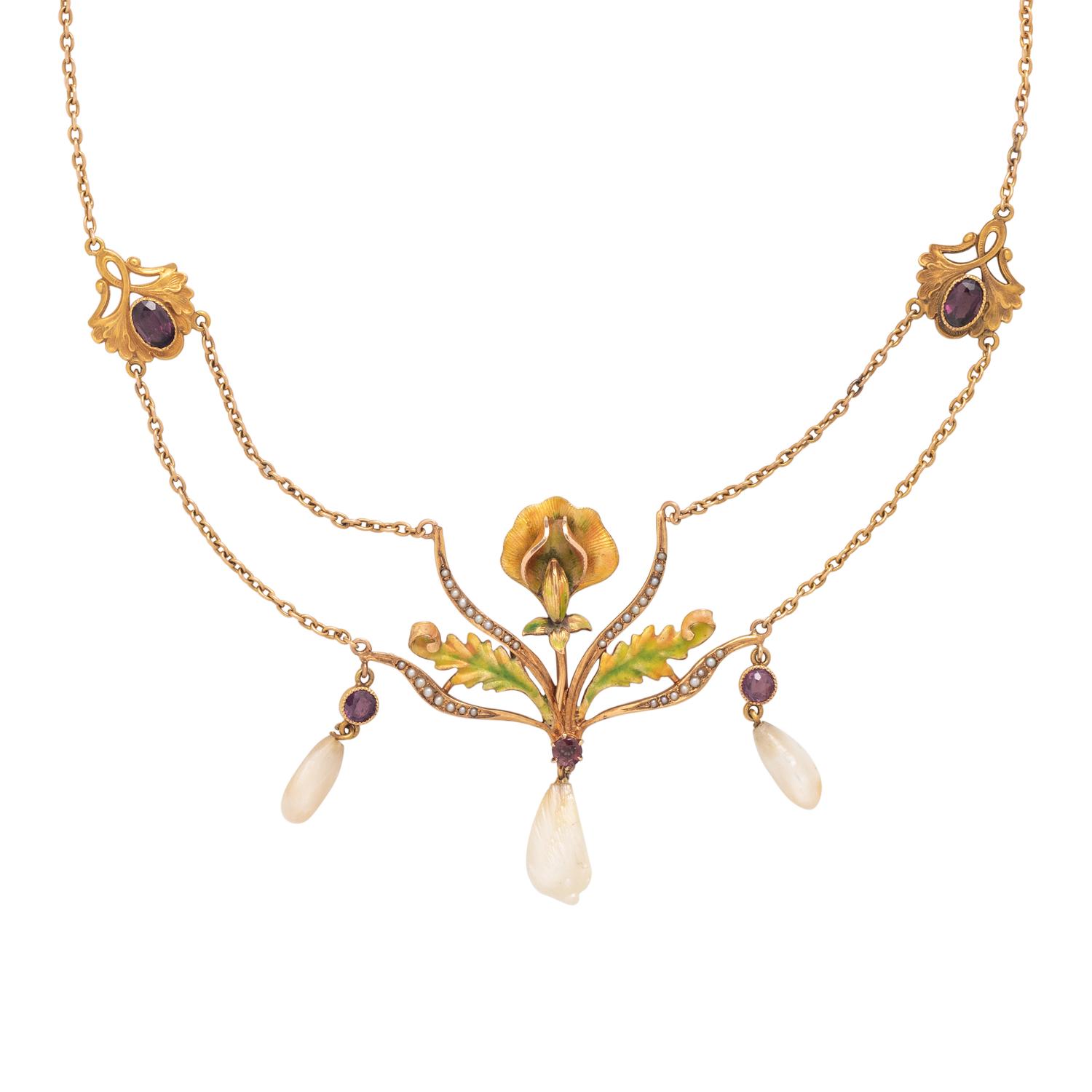 ART NOUVEAU, AMETHYST, PEARL AND POLYCHROME ENAMEL NECKLACE