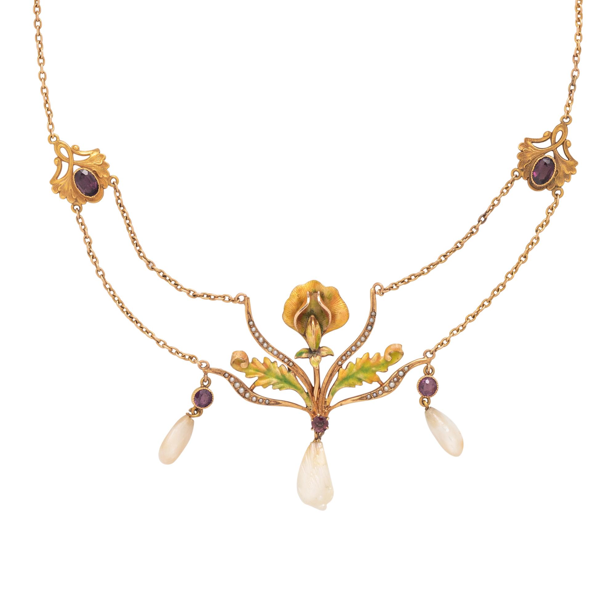 ART NOUVEAU, AMETHYST, PEARL AND POLYCHROME ENAMEL NECKLACE