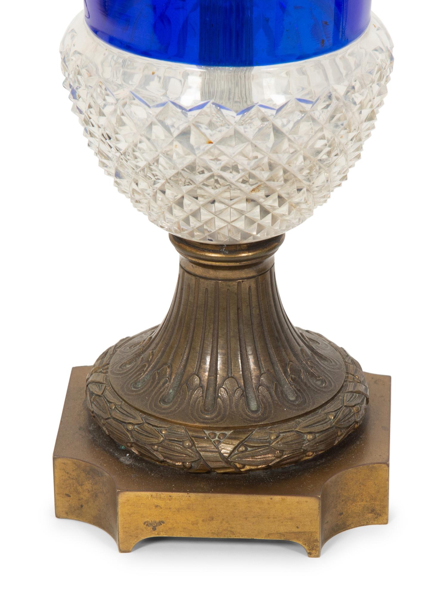 A Pair of French Gilt Bronze Mounted Blue and Colorless Cut Glass Table Lamps
