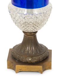 A Pair of French Gilt Bronze Mounted Blue and Colorless Cut Glass Table Lamps